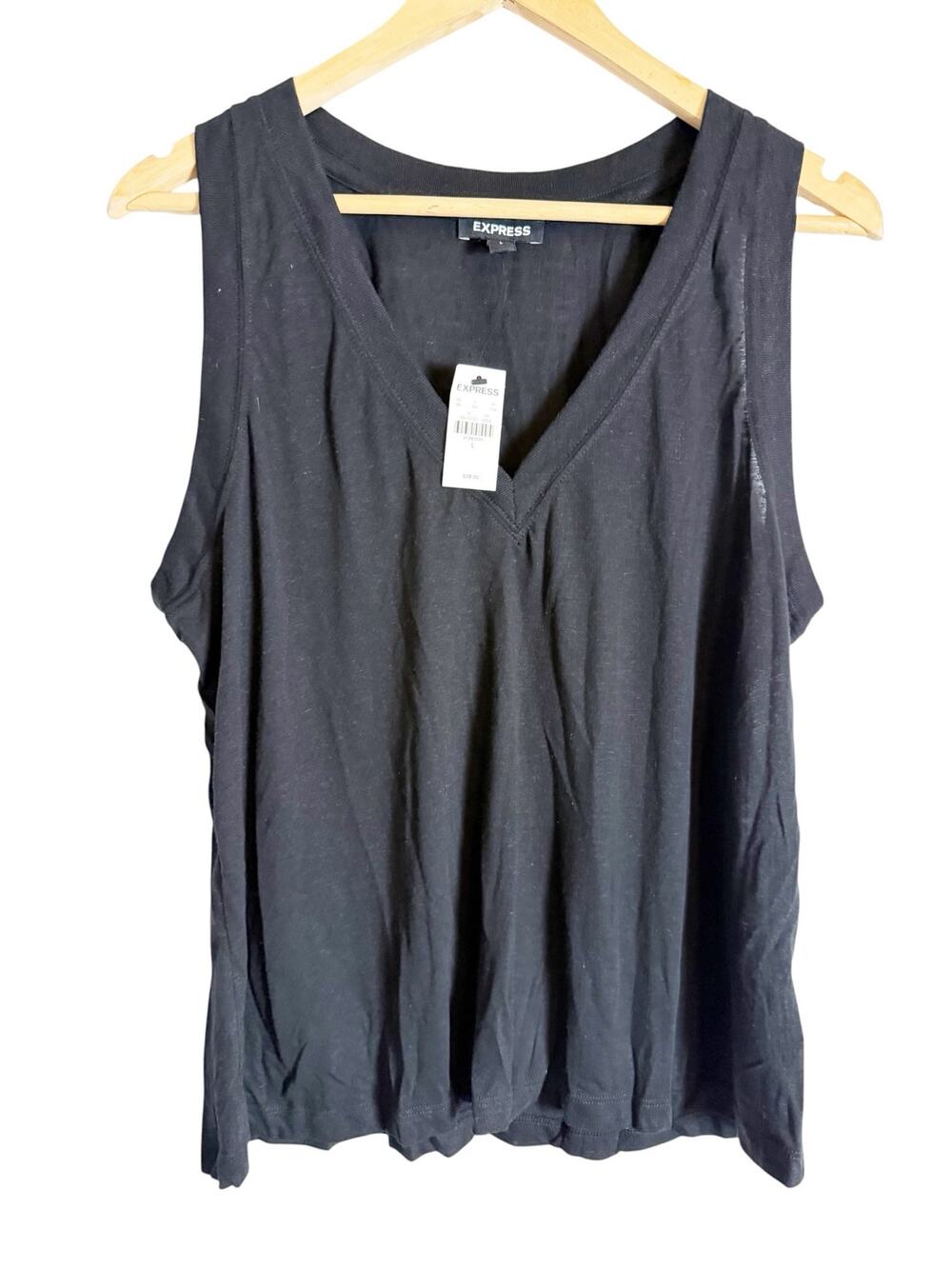 Express Black Sleeveless V-Neck Linen Blend Classic Minimalist Tank Top Size L